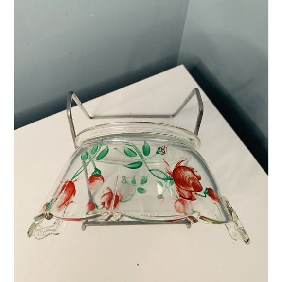 Hand Painted Red Rose Clear Glass Bowl Basket w/ Handles Flower Design - Picture 8 of 10